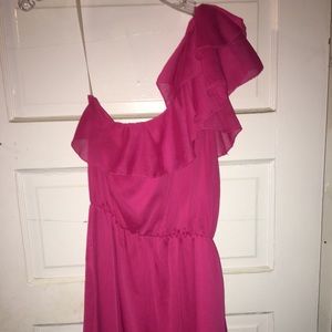 Knee length, one shoulder dress. Color Fuschia